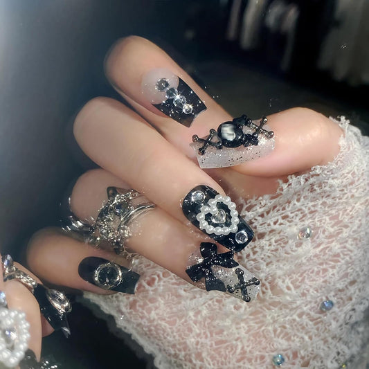 SINHOT Square Press on Nails - Medium Fake Nails, Glossy Finish, 3D Goth Black Cartoon & Pearl Hearts, DIY Artificial False Nail Art - 24 Pcs Nail Kit with Glue