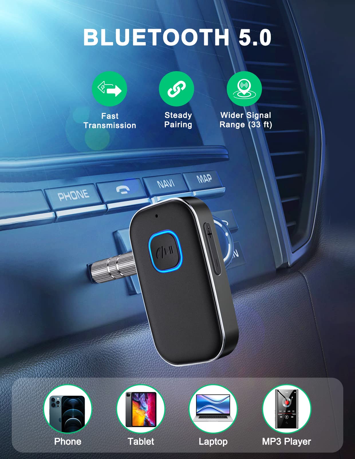 COMSOON Bluetooth AUX Adapter for Car, Noise Reduction Bluetooth Receiver for Music/Hands-Free Calls, Wireless Audio Receiver for Home Stereo/Speaker, 16H Battery Life/Dual Connect (All Black)