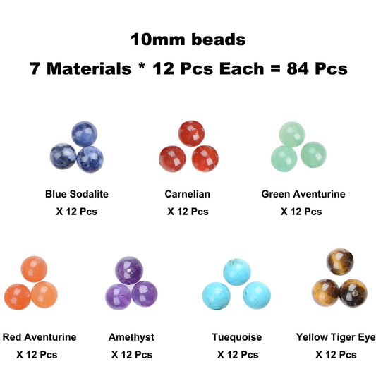 80Pcs Natural Crystal Stone Gemstone Round Loose Energy Healing Beads with Free Crystal Stretch Cord for Jewelry Making (7-Chakra Beads, 10MM)
