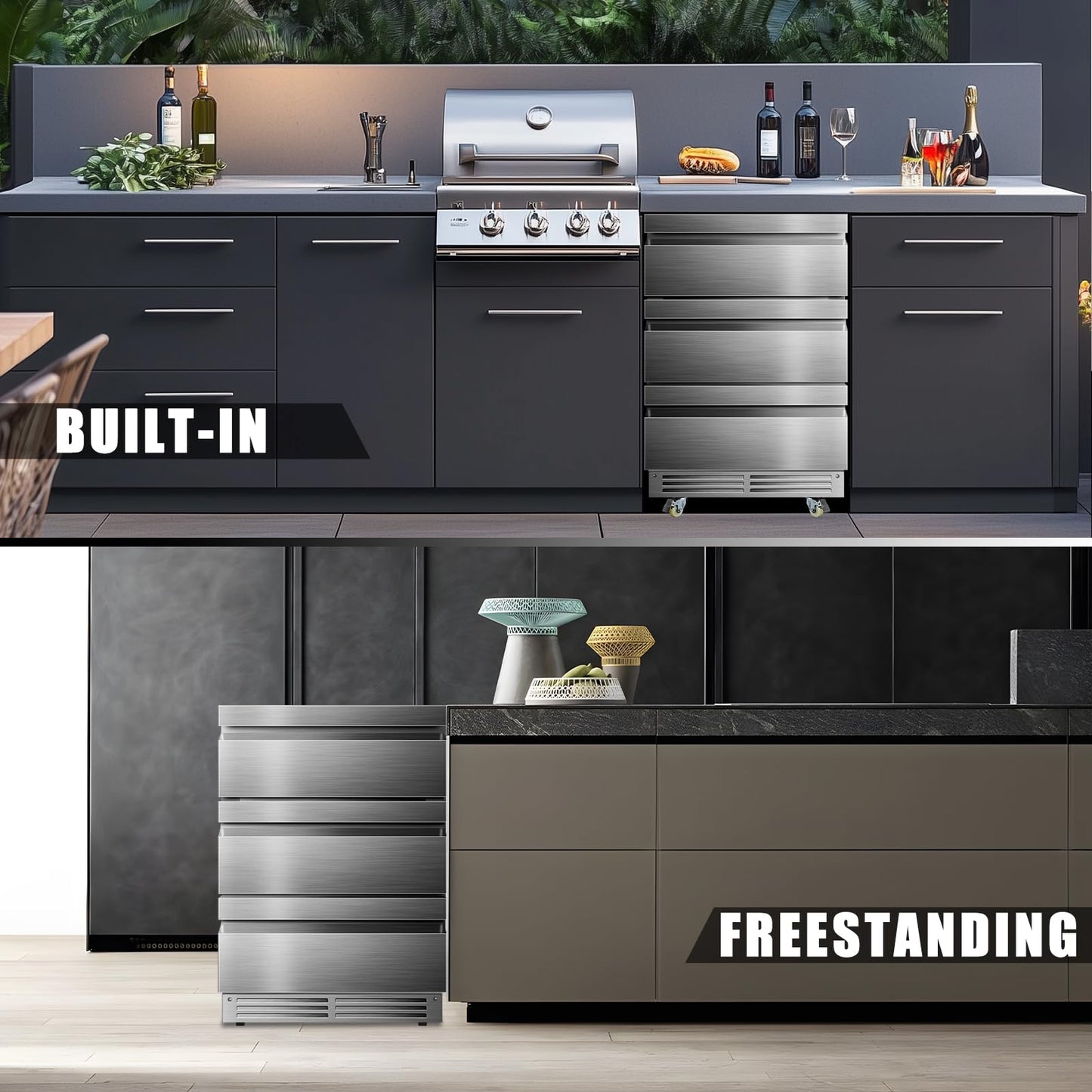 Velieta 24 Inch Upgraded Three-Drawer Beverage Fridge, Weather Proof Outdoor Stainless Steel Beverage Refrigerator, Under Counter Built-in Beverage Cooler for Home & Commercial Use