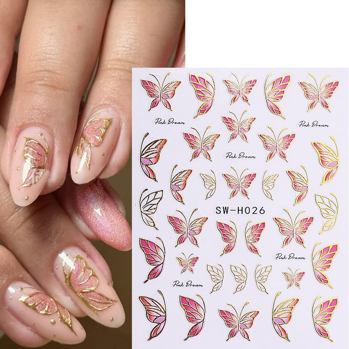 Spring Nail Art Stickers,Summer Flower Butterfly Nail Sticker Golden Edge Flower Petals Cherry Blossom Design, 3D Adhesive Sliders Manicure Decals Accessories for Women DIY Art Decorations