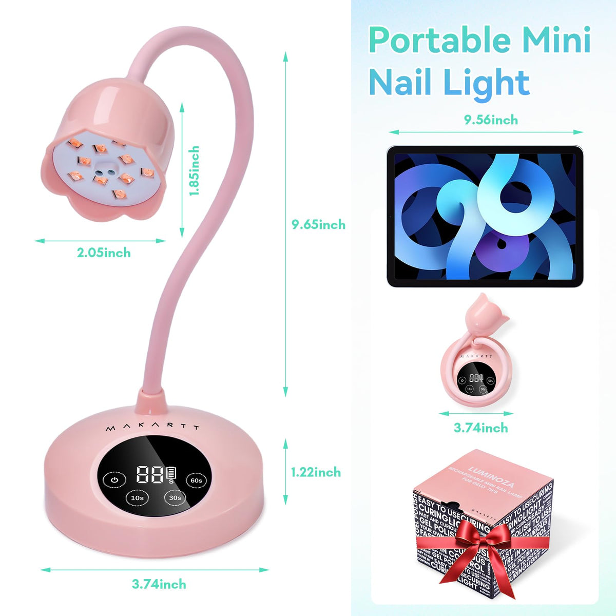 Makartt UV Nail Lamp: Flash Cure lamp UV Light for Gel Nails Polish Luminoza 30mW/cm² Rechargeable LED Nail Light with 4 Timers & Auto Sensor Fast Curing Goosenecks Lamp for Home DIY Manicure (Pink)