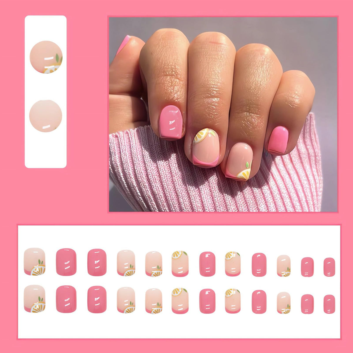 IMSOHOT Short Square Pink French Tip Fake Nails Cute lemon Designs Glossy Glue on 24 Units Summer Fruit Squoval Artificial Nails