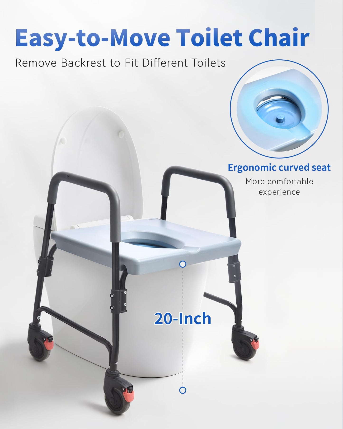 Sangohe Bedside Commode, Portable Toilet for Elderly, Rolling Commode with Wheels, Rear Locking Wheels, Bariatric Bedside Commode, 7-qt Commode Bucket Included, Extra Wide Seat, 601A