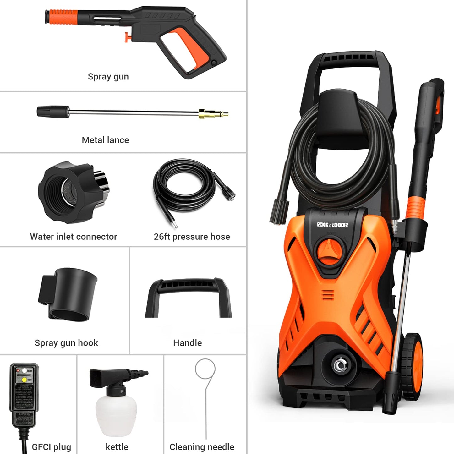 Rock&Rocker Electric Pressure Washer, 2150PSI Max Power Washer with Adjustable Pressure Nozzle, Foam Cannon, Car Cleaning Washer Great for Home/Patio/Concrete/Deck/Driveways Cleaning