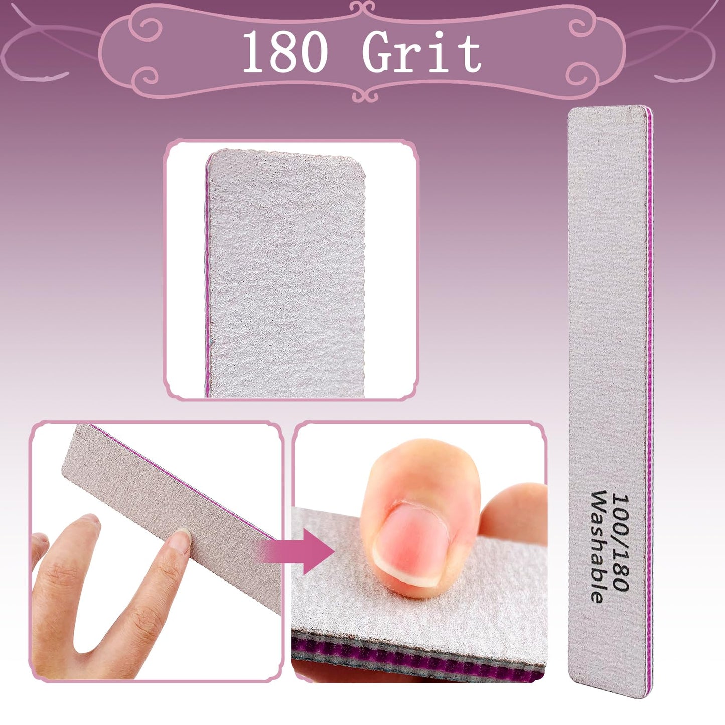 HeeYaa Nail File 12 PCS Professional Reusable 100/180 Grit Double Sides Washable Nail File Manicure Tools for Poly Nail Extension Gel and Acrylic Nails Tools Suit for Home Salon