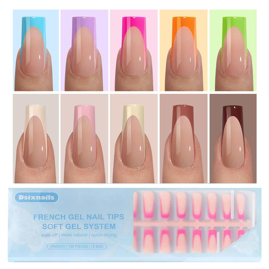 Dsixnails 300Pcs Long French Tip Press on Nails, Square Soft Gel Nail Tips in 15Sizes, 3 in 1 Pre-lasting Acrylic Fake Nails, No Need to File False Nail Tips Extension for Women Nails Art DIY