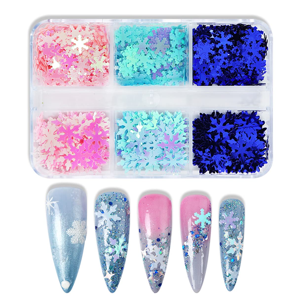 Snowflake Nail Glitters - 3D Snowflakes Nail Sequins - Snow Flakes Nail Stickers Winter Xmas Nail Art Supplies Blue Snowflakes Glitter Flakes Decals for Christmas Party Manicure Art Decoration 6 Grids