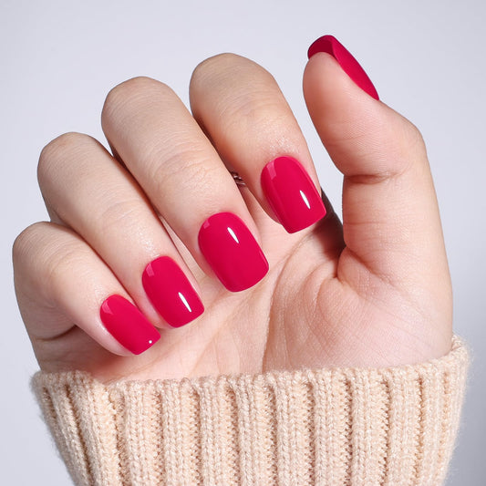 Hot Pink Press On Nails - Short Square Press On Nails with Glue for Women, Reusable Fake nails in 15 Sizes, 30 Stick On Nails