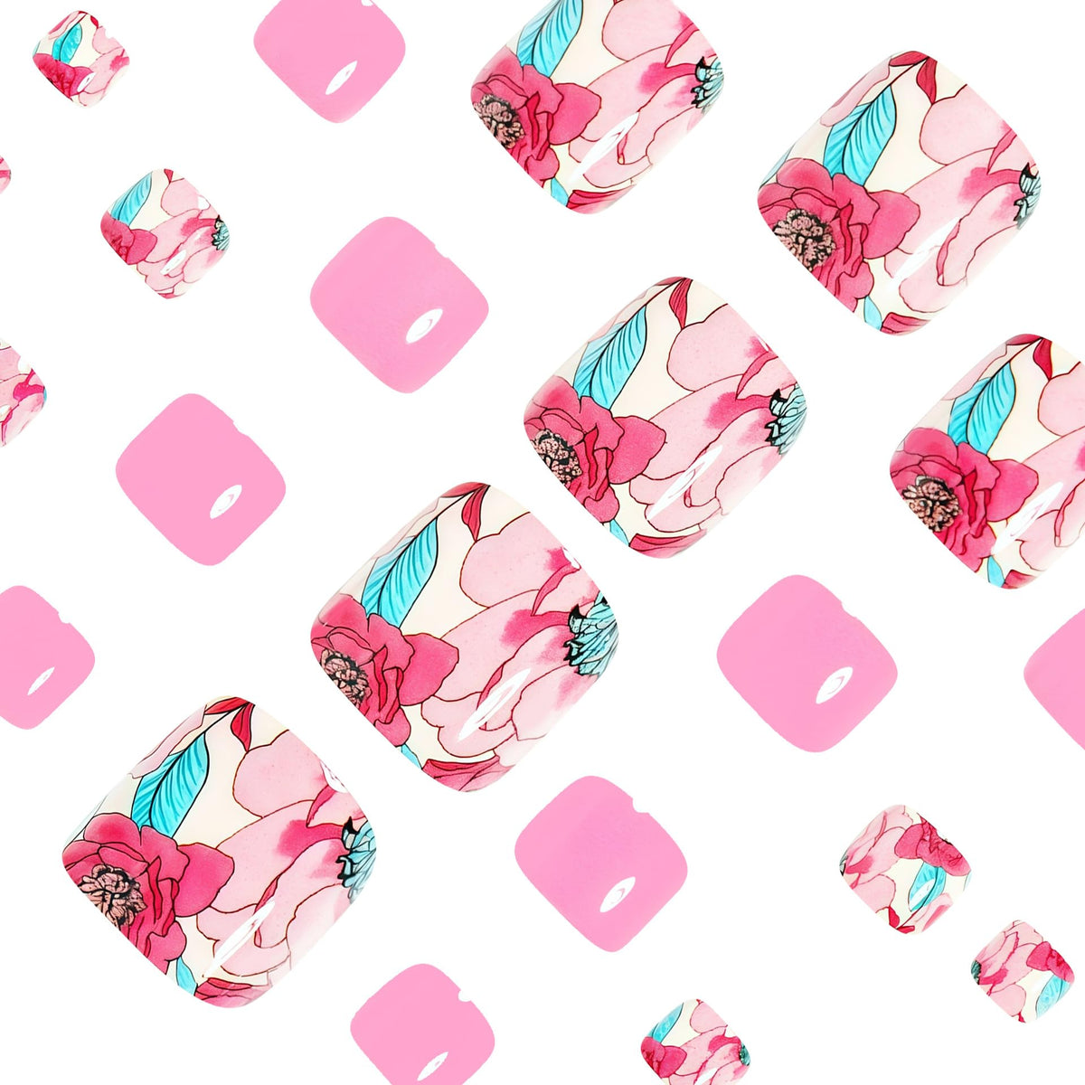 24Pcs Pink Roses Press on Toenails Flower Fake Toe Nails Short Square Shaped Glossy Summer Floral Full Cover Acrylic Artificial Stick on Toenails for Women Girls Manicure Decoration