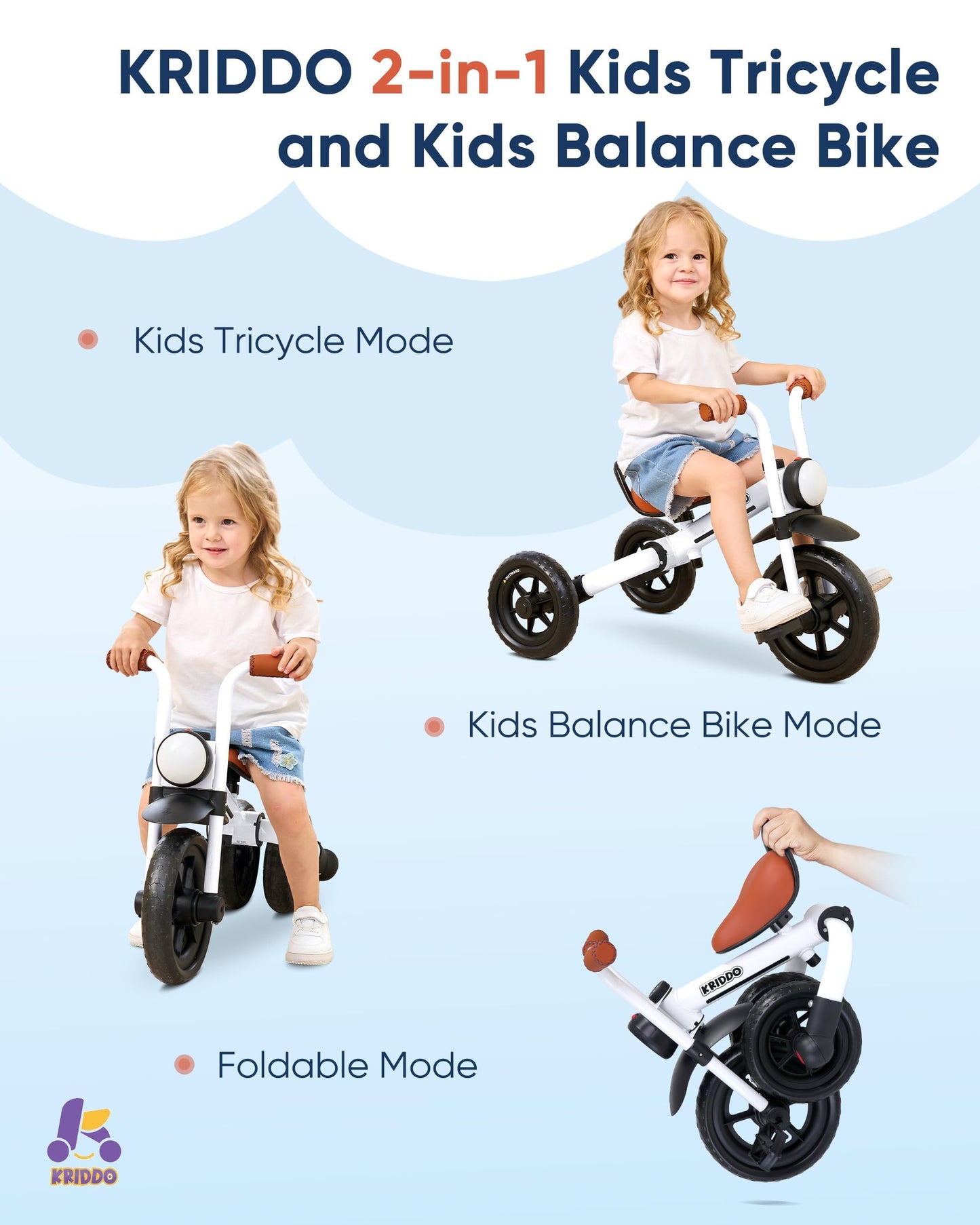 KRIDDO 2-in-1 Kids Balance Bike and Kids Tricycle for 2 to 5 Year Old, Toddler Balance Bike with Detachable Pedals, Tricycles for 3-5 Year Olds with Stitched Soft Grip, White