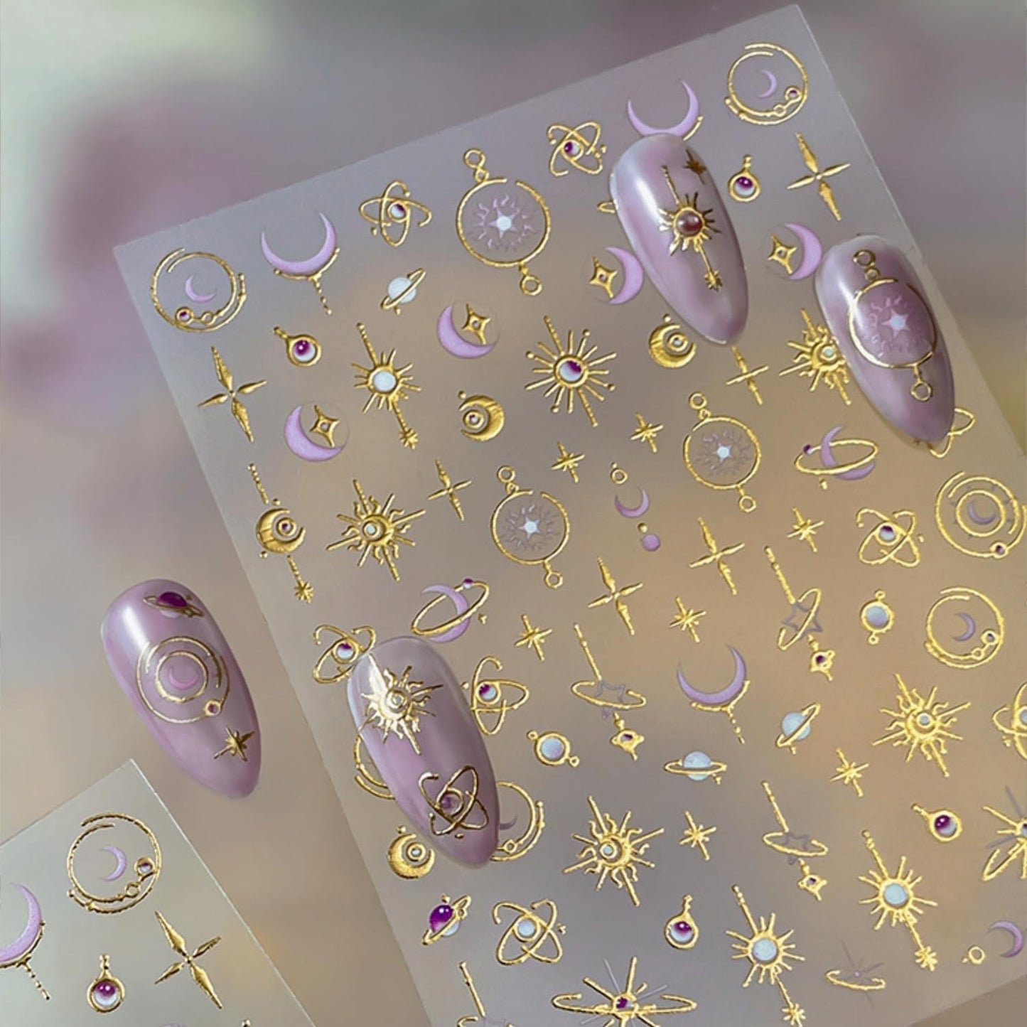 Gold Nail Art Stickers 5D Embossed Moon Star Nail Stickers Self Adhesive Planet Sun Design Metal Nail Decals Luxury Purple Gold Nails Accessories for Women Manicure