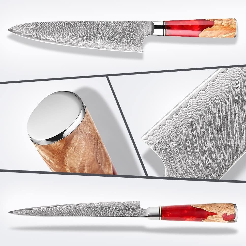 Epicurean Cook Damascus Kitchen Knife Set with VG10 Steel - 8-Piece Japanese Damascus Knife Set for Professional Performance - Ultra Sharp Chef Knives with Burl Wood Red Resin Handles