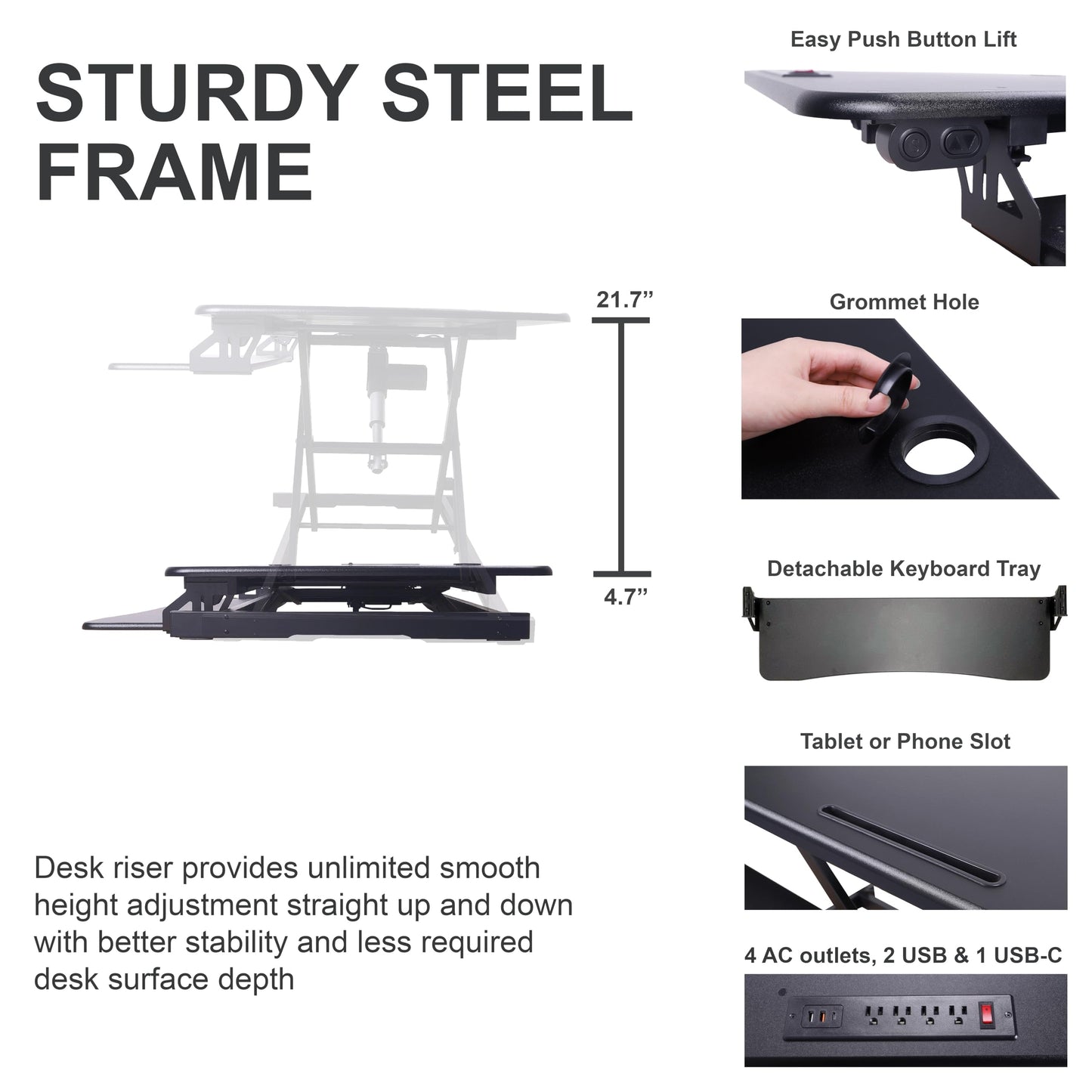 Rocelco 46" Electric Standing Desk Converter with AC Outlet USB Charger - Motorized Height Adjustable Sit Stand Up Triple Monitor Riser - Tabletop Workstation Large Keyboard Tray - Black (R EDRB-46)