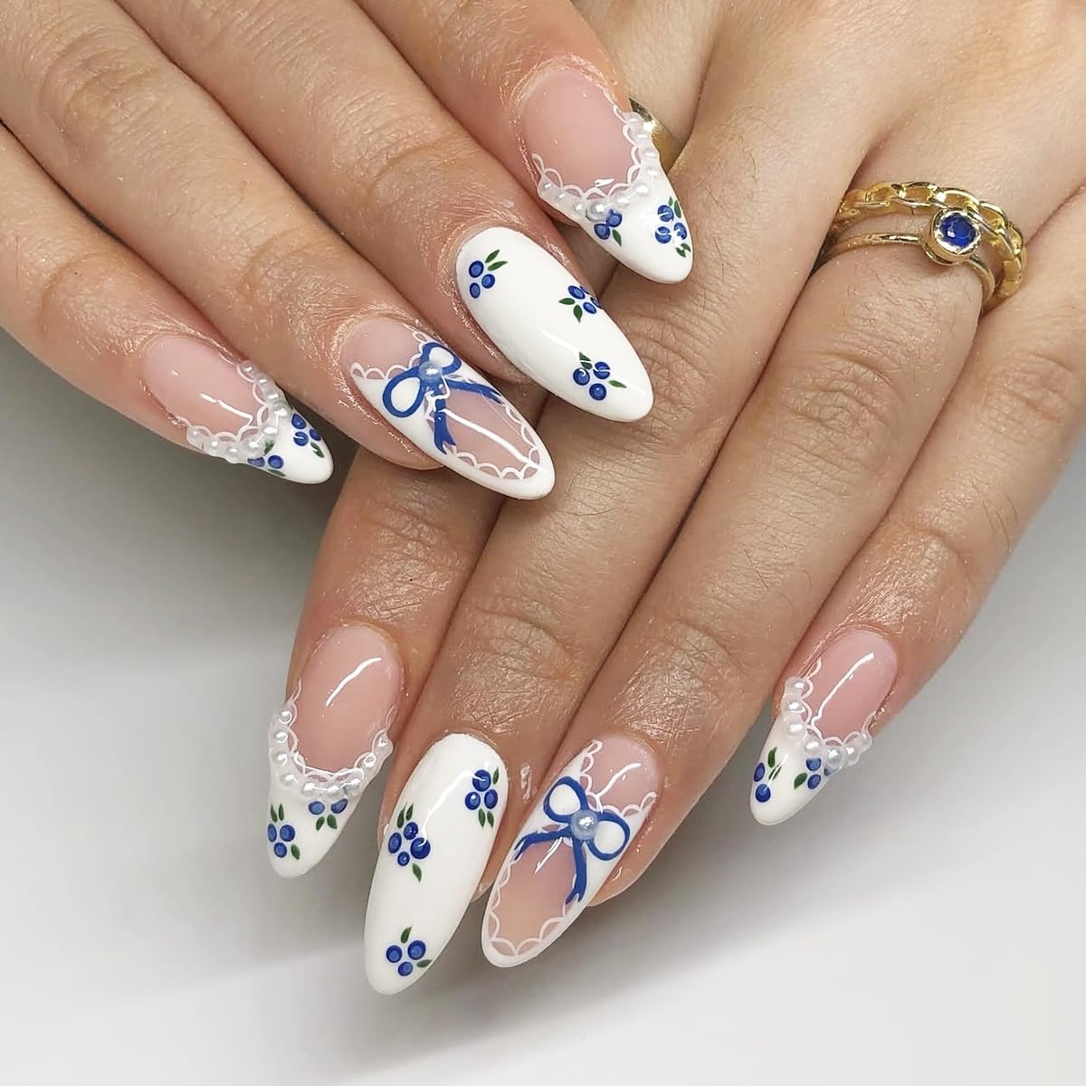 French Tip Press on Nails Long Almond, White Nude Fake Nails with Pearl Rhinestones Design, Blueberry Bow Acrylic Nails Full Cover Glossy False Nails for Women Manicure Decoration, 24PCS