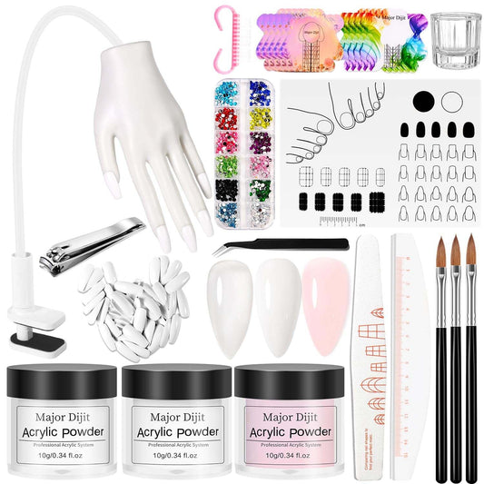 Practice Hand for Acrylic Nails, Acrylic Nail Training Mat , Manicure Trainng Hand Nail Kit for Beginners,Movable Nail Maniquin Hand with 50PCS Nail Tips,Acrylic powder, Brush and Clipper (White)