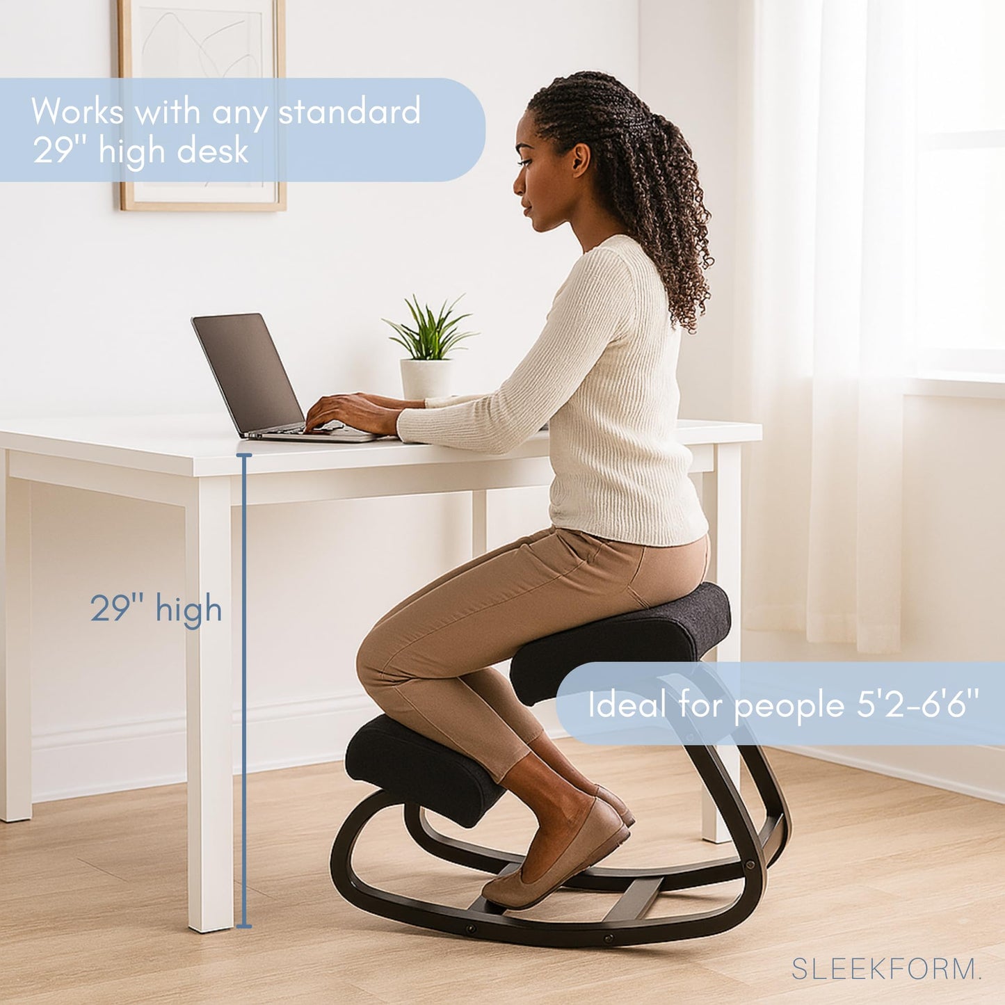 Sleekform Ergonomic Kneeling Chair | Rocking Balancing Wood Knee Stool | Posture Chair for Bad Backs, Neck Pain & Spine Tension Relief | Orthopedic Balance Seat & Thick Comfortable Knees Cushions