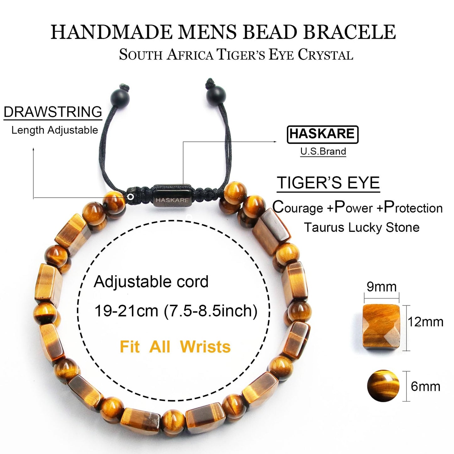 HASKARE Protection Crystals Tiger Eye Bracelets for men, Mens Bracelet Beads Healing Crystal Tigers Eye Bracelet, Genuine Stone Anxiety Relief Woven Drawstring Flatbead Bracelets Gift for Him