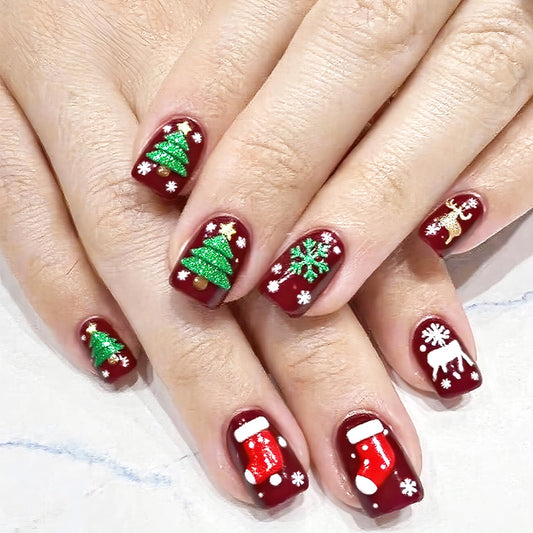 Christmas Stocking Press on Nails Christmas Medium Square False Nails 24Pcs Snowflake Gel Glue on Nail Xmas Tree Stick on Fingernails Glossy Gold Glitter Elk Acrylic Fake Nail for Women Xmas Gift