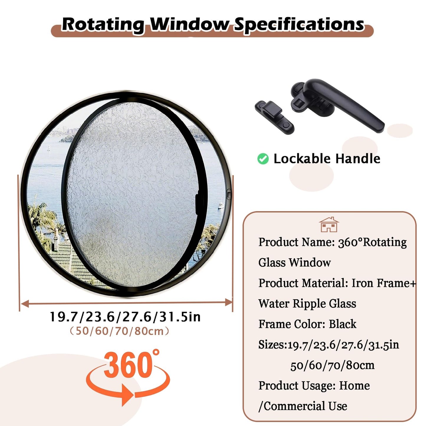 19.7IN Porthole Window with Tempered Glass,360° Circular Rotating Windows,Sliding Windows with Handle For Bathroom/Kitchen/Bedroom/Living Replacement Indoor Ventilated Windows Decorate(Black)
