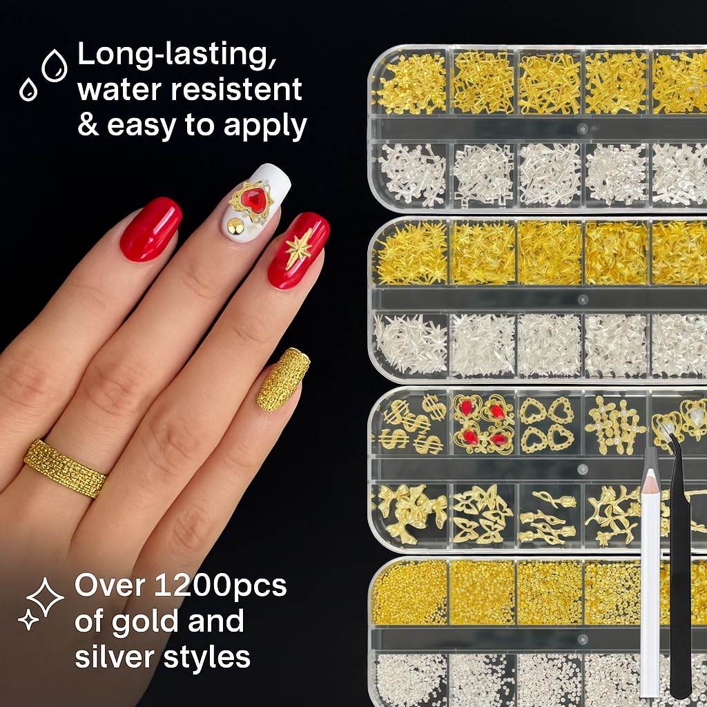 KINGNAME Gold Nail Charms and Gems Set, 4 Boxes Nail Gems Nail Pearls Nail Art Tools, 3D Cross Nail Charms Heart Nail Rhinestones for Nails Supplies, Charms for Nails Design Nail Art Kit
