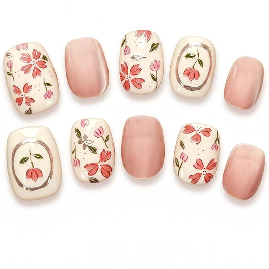 Fine Point Petal Kiss Press-On Nails, 10 PCS Handmade Short Squoval, Sheer Nude Pink Floral Nails, Milk Bath Coquette, Vintage Cameo Accent, Giftable Packaging, Reusable (Size Small)