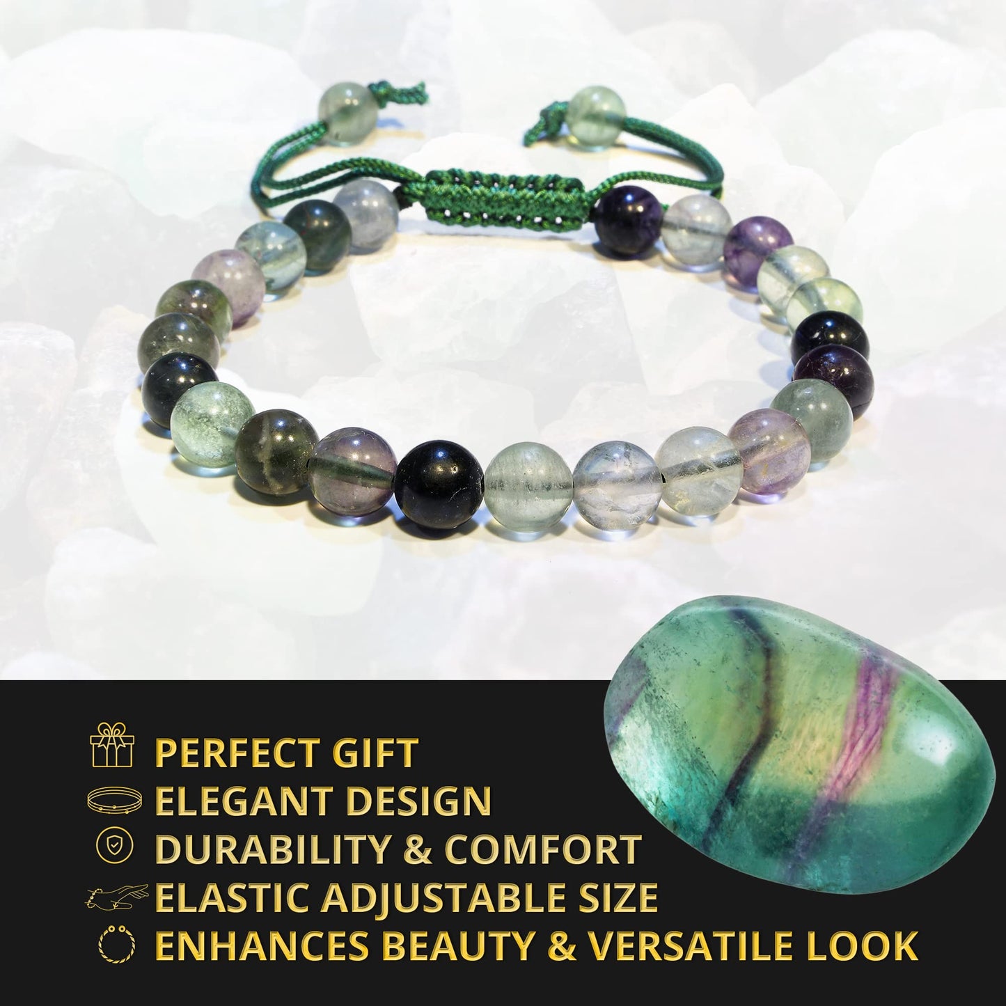 ANAYA AGATE Healing Crystal Bracelet – Chic Gemstone Bracelet for Men and Women – 8mm Round Bead Bracelets for Spiritual Healing, Protection, Positive Energy - Multi Fluorite