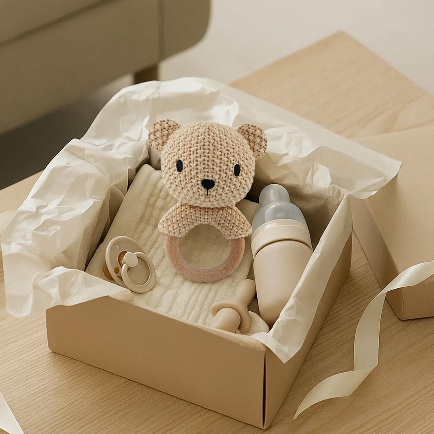 JUSTQUNSEEN Teddy Bear Baby Rattle Toy Hand Crochet Knitted Plush Stuffed Animal Teether Natural Wood Ring Cute Bear 6 Month Baby Gift Gentle Sound Shaker Newborn Infant Crib Soothing Sleep Aid Gift