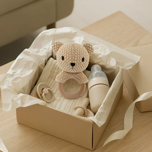 JUSTQUNSEEN Teddy Bear Baby Rattle Toy Hand Crochet Knitted Plush Stuffed Animal Teether Natural Wood Ring Cute Bear 6 Month Baby Gift Gentle Sound Shaker Newborn Infant Crib Soothing Sleep Aid Gift