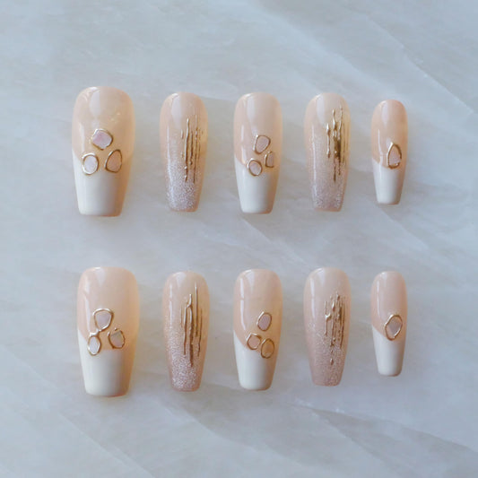GLORS Handmade Press On Nails, Long Ballerina Shape, Pink and White Shell Design, 10 Pieces (Small,LB)