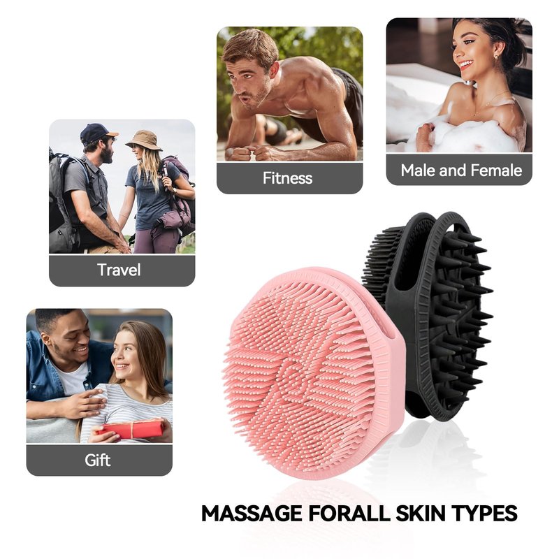 2-Pack Soft Silicone Dual-Sided Body Scrubber & Loofah | Gentle Exfoliating Shower Brush for Men & Women | Creates Rich Lather, Easy to Clean (Black & Pink)