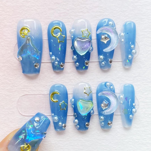 RENBING handmade press on nails short coffin,fake nails with designs,10 pcs high hardness acrylic nails press ons,3d cute false nails for women-Mermaid Ocean(M)
