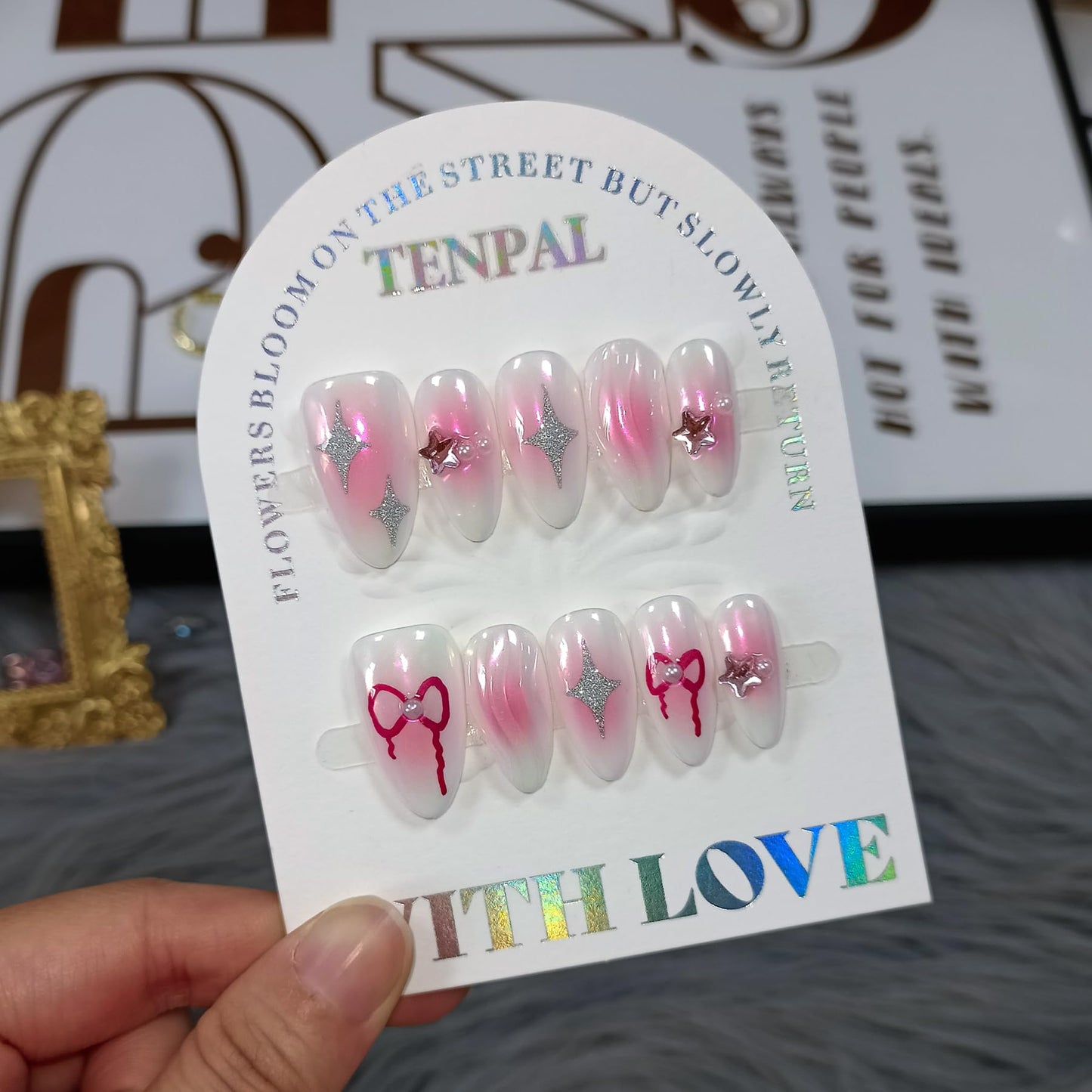TENPAL Handmade Press On Nails Almond,Aurora Pink Acrylic Glossy Y2k Sweet Cool Soft Gel Fake Nails,Reusable Glue On Nails With Star Bow Stars Designs,10pcs/Box Manicure Art With Charms(M)