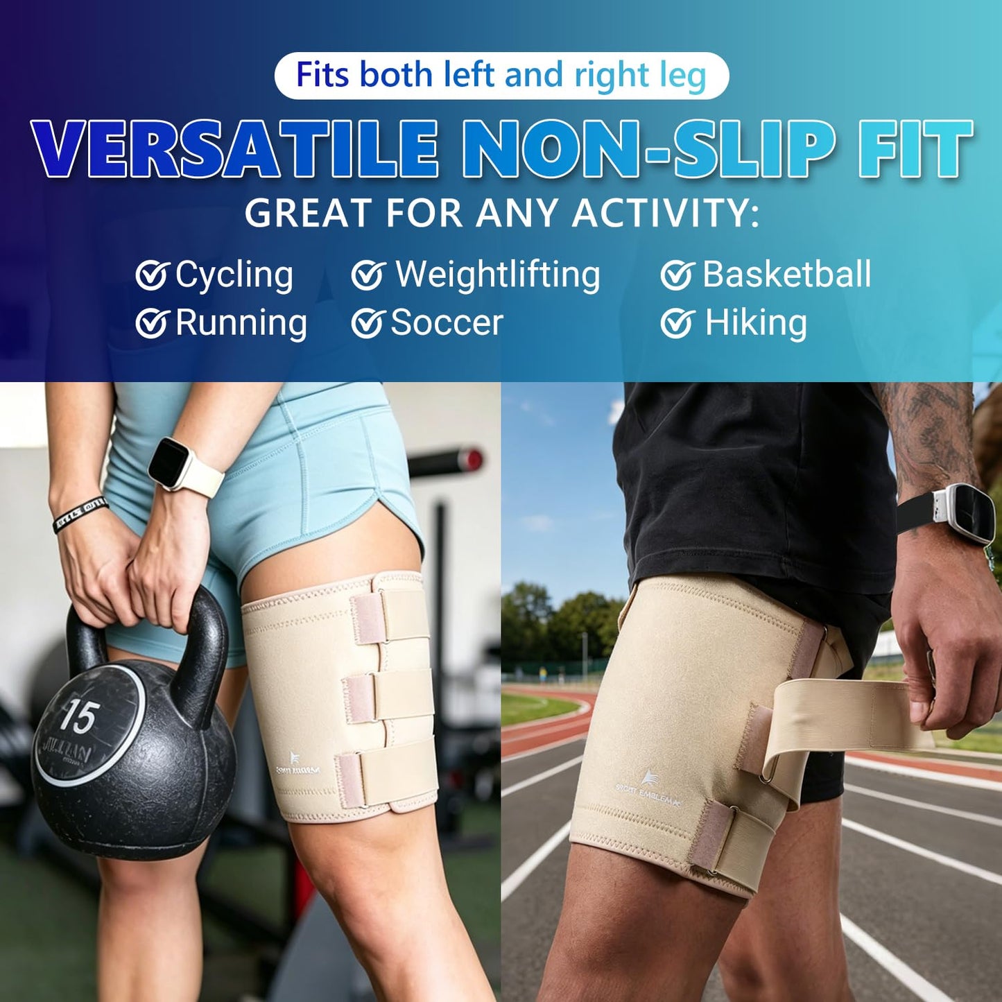 SportEmblema 2026 Upgraded Thigh Compression Sleeve for Men & Women, Sturdier Non-Slip Hamstring Compression Wrap for Quad & Leg Support, Hook and Loop Thigh Brace for Pulled Muscle, Fits 16"-24""-Skin"