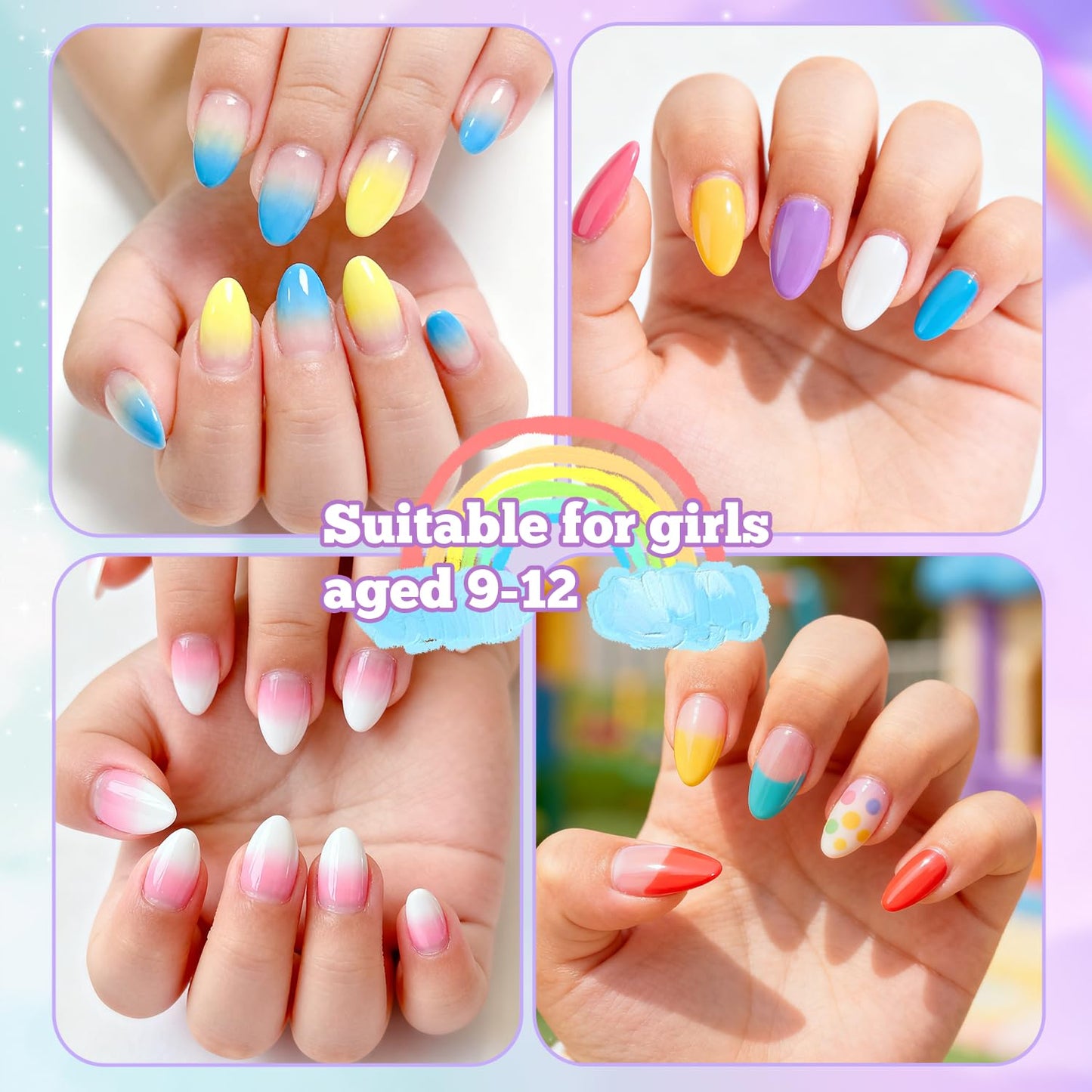 Krofaue 2-in-1 Kids Nail Art Kit, 80g UV Curing Solid Nail Glue Gel + 240PCS Extra Short Almond Soft Gel Nail Tips, 12 Sizes Clear Full Well Fake Nails Manicure Set for 9-12 Years Old Girls Home DIY &