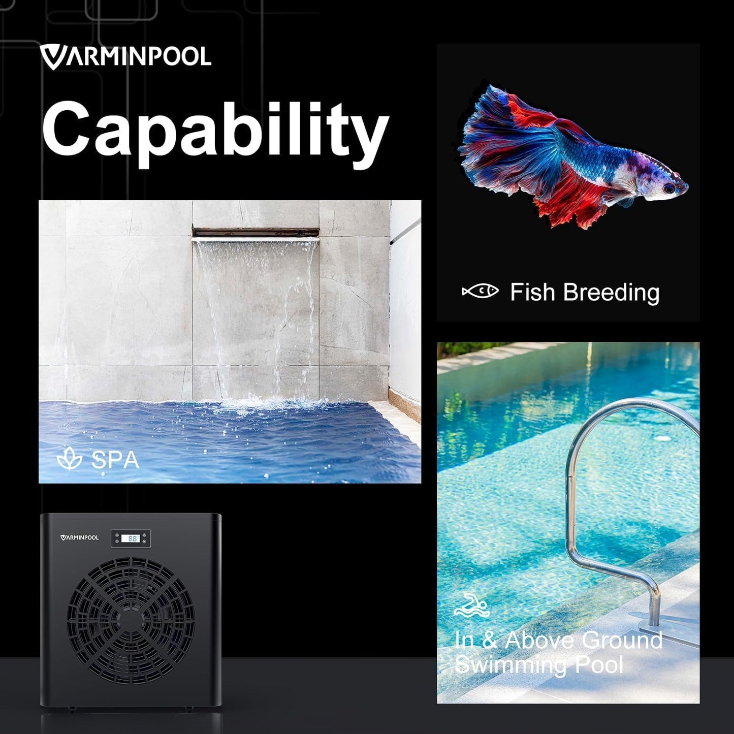 VARMINPOOL 16000BTU Above Ground Pool Heat Pump, Pool Heater for 5400 Gallons, WiFi Smart Control, Titanium Heat Exchanger, 110V Efficient Heating