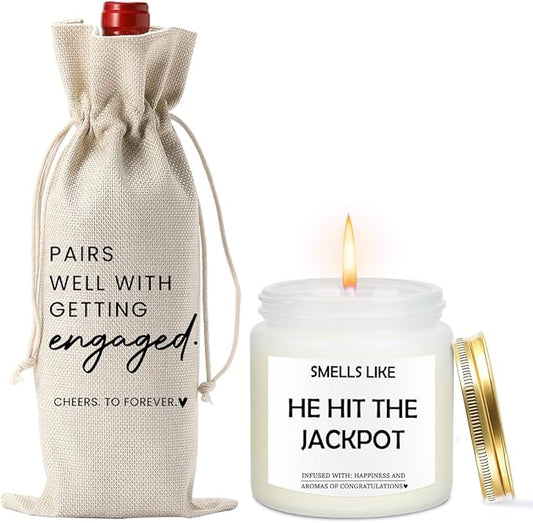 Engaged Engagement Gifts for Couples Her Engagement Party Decorations for Couple Wine Bag Scented Candles Set Pairs Well with Getting Engaged Wine Bag Smell Like He Hit The Jackpot