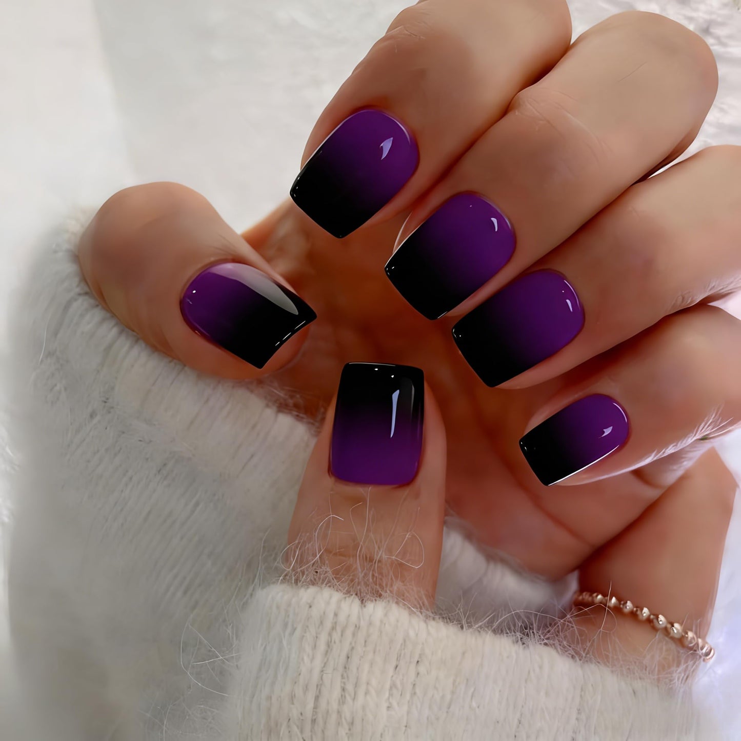 Ombre Press on Nails Short Square, Short Fake Nails Glue on Gradient Purple Black Nails Press ons, Salon-Quality, Dark Soft Gel Glue on Stick on Nail for Women 30 Pcs 15 Sizes