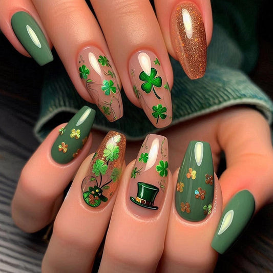 MISUD Press on Nails - Long Coffin Fake Nails with Green Shamrock, Acrylic Bling Gold Glitter Design 24 pcs