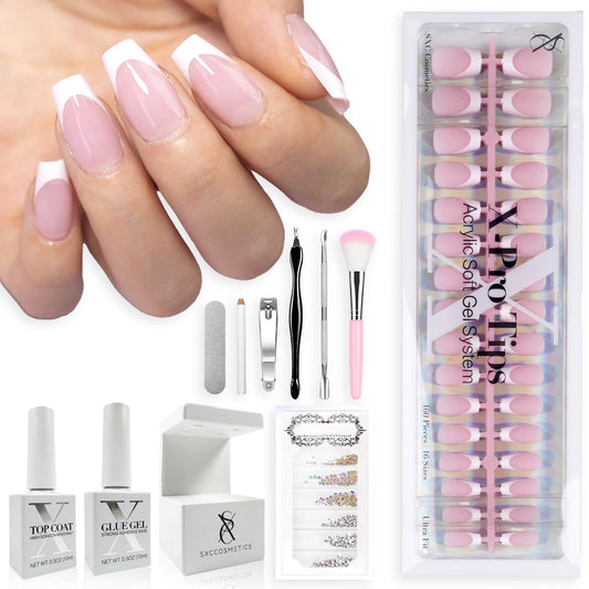SXC Cosmetics French Tip Press On Nails – Pink Series, Short Coffin Fake Nails X-Pro Tips Starter Kit | 150PCS, 15 Sizes, 5 Styles