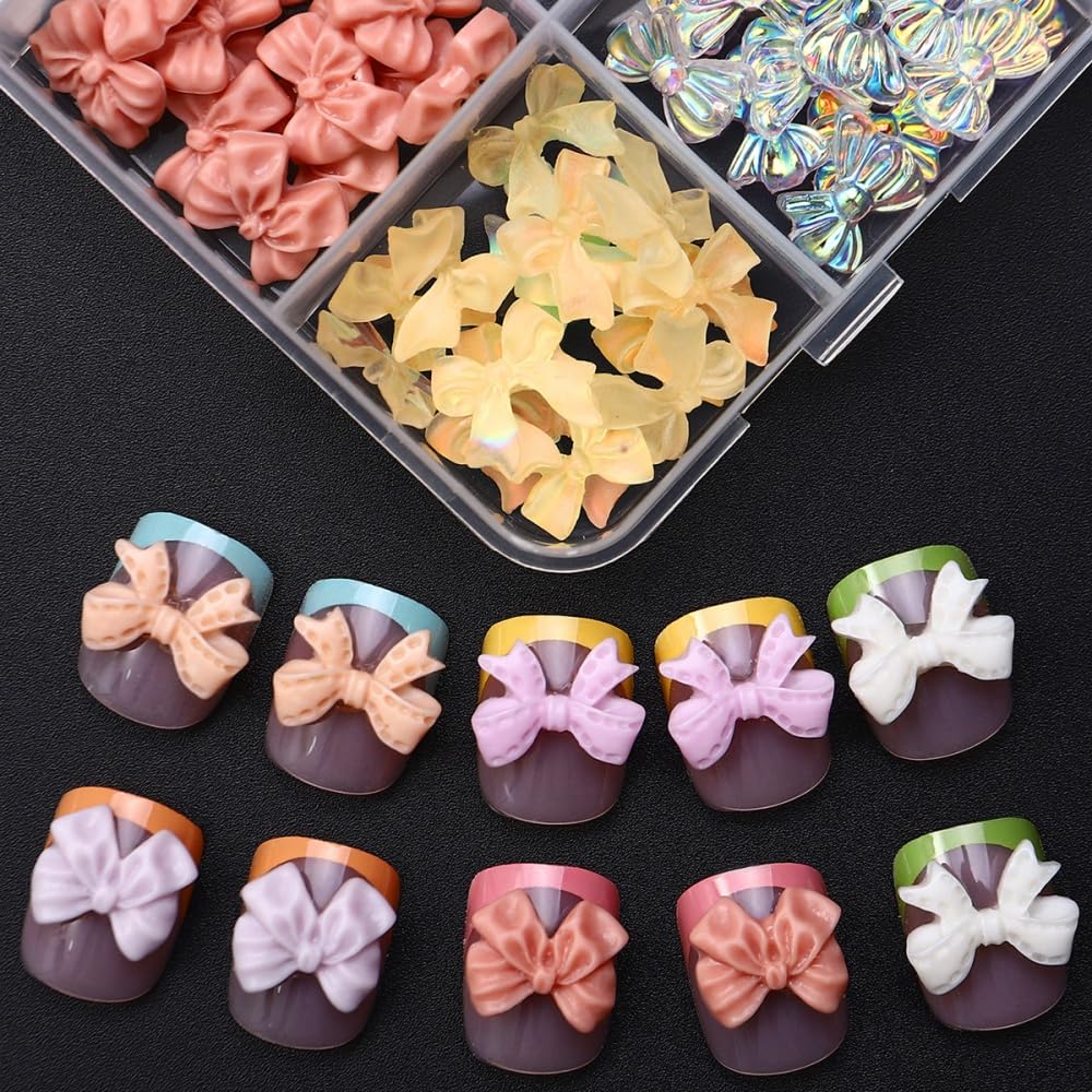 Bow Nail Charms 3D Resin Pink White Nail Gems Cute AB Crystal Bowknot Nail Jewels Shiny Bowknots Nail Art Supplies for Women DIY Acrylic Nail with Tweezers 12 Grids 1 Box 12 Styles