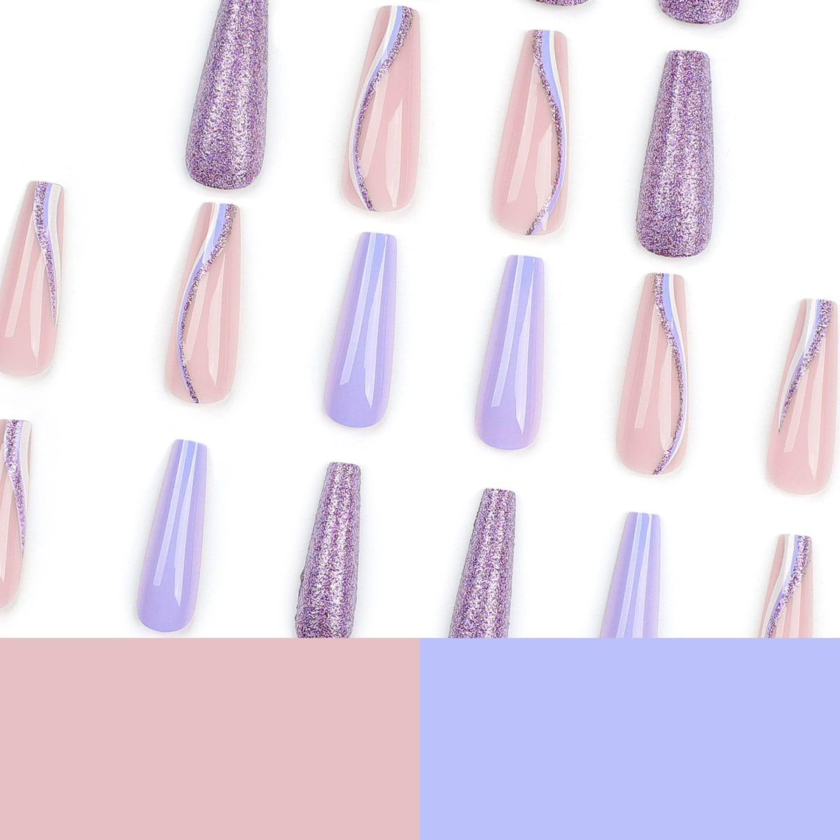 Long Press on Nails Coffin Fake Nails Purple Glitter False Nails with Swirl Designs Nails Press Ons 24Pcs Glossy Long Ballerina Full Cover Acrylic Stick on Nail for Women