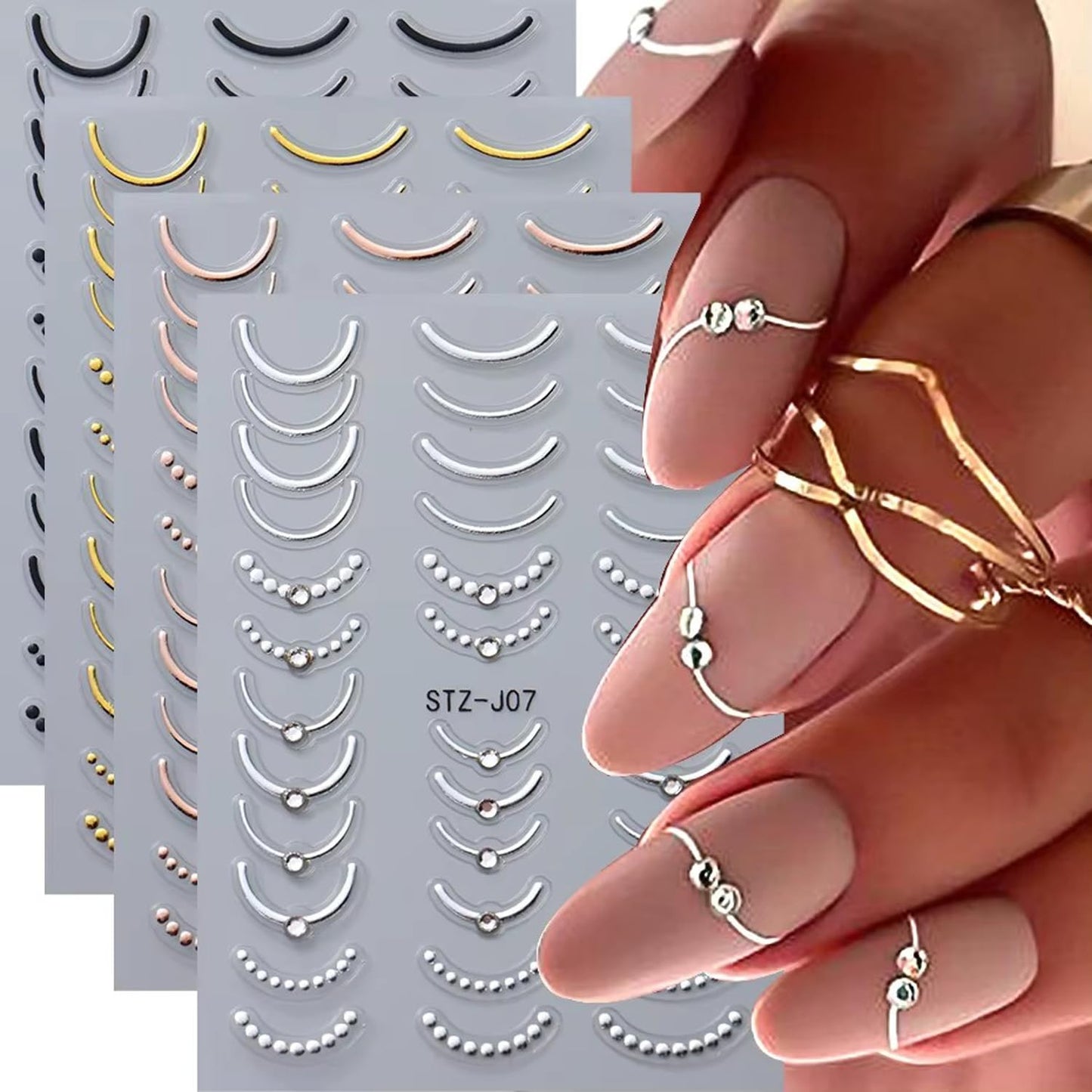 4 Sheets French Tip Nail Art Stickers Luxury Crystal Rhinestones with Stripe Lines French Gold Silver Rose Black Design 3D Nail Supplies for Women Girls DIY Manicure Art Accessories Metallic Set