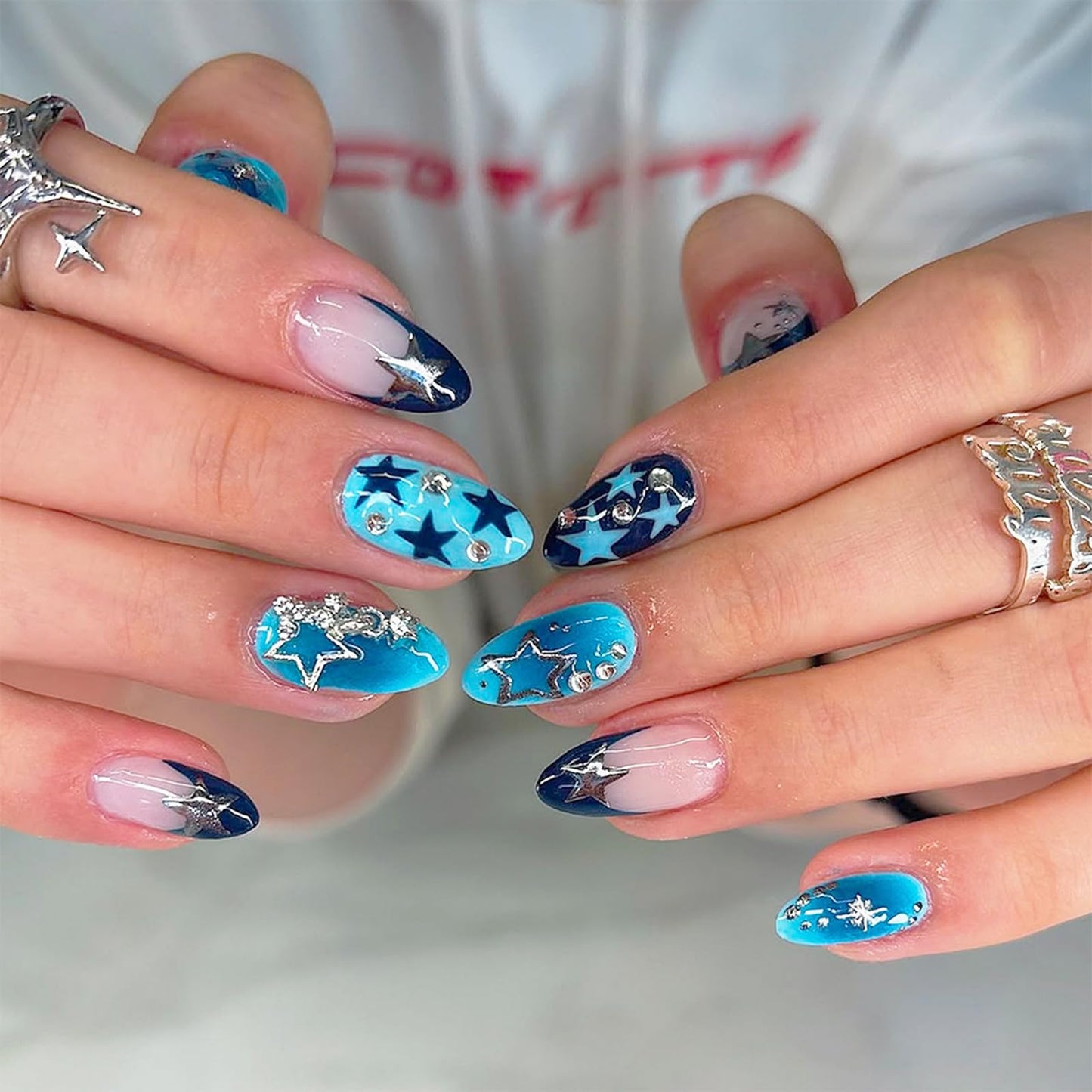 Octoswave Almond Long Press on Nails Y2K Blue Starry Design, Fake Nails with 3D Silver Stars & Charms, 24 Pcs Acrylic Nails for Women, Reusable with Jelly Adhesive for Party & Events
