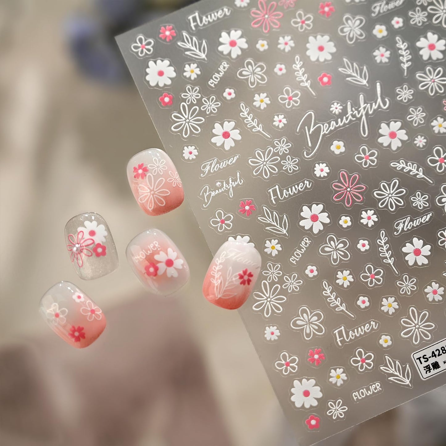 White Flower Nail Stickers 5D Embossed Nail Sticker for Spring Nail Art with Pink White Daisy Floral Design Cute Nail Art Stickers Decals Self-Adhesive for Women Manicure Supplies