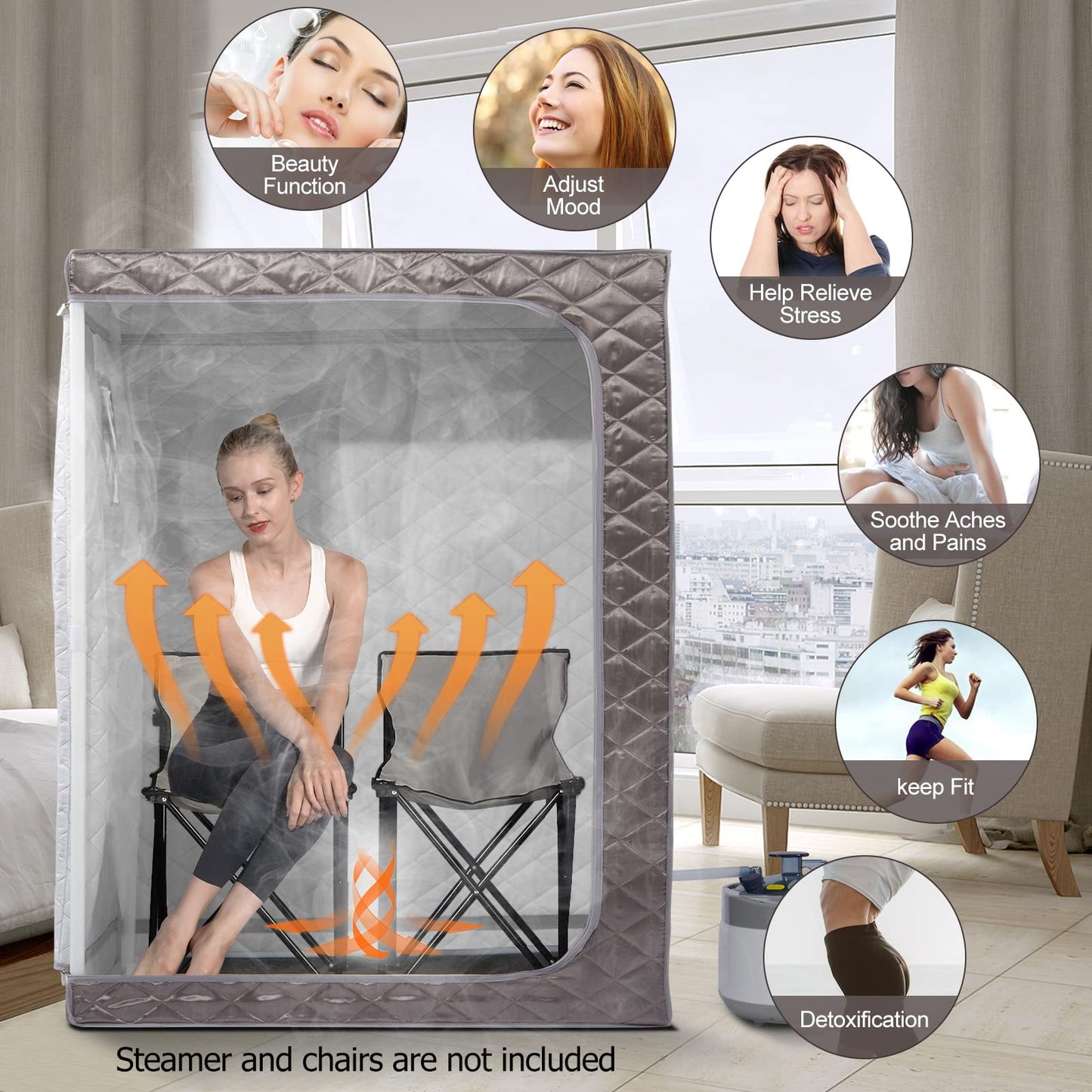Smartmak Full Size Steam Sauna, One or Two Person Whole Body Large Space Home Spa, 4L Steamer & 2 Chair Included- Darkgrey