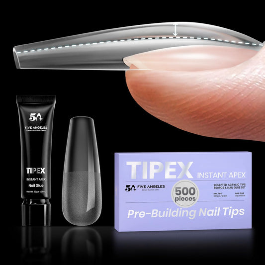 Five Angeles Tipex Instant Apex Gel Nail Tips Kit – 500pcs Pre-Etched Sculpted Long Coffin Acrylic Nail Tips, Thicker Full Cover Press-On Nails for Flat Nails, 30g/1.06oz UV Nail Glue Included
