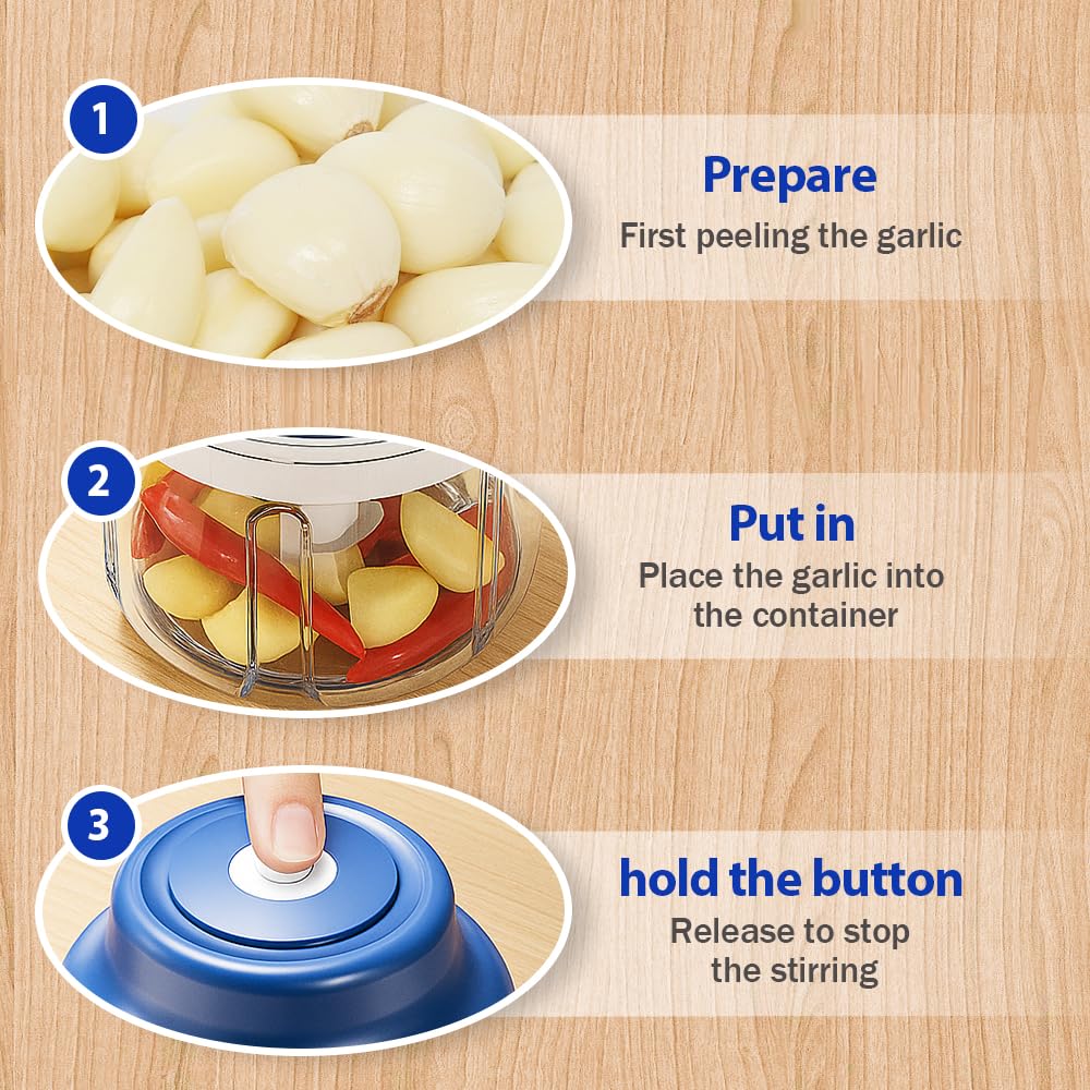 Electric Mini Garlic Chopper Set, 2025 New Small Garlic Chopper Mincer, Electric Food Chopper Tool, USB Rechargeable, Wireless Veggie Grinder, for Mashing Onion, Garlic, Chili, Ginger (Blue, 250ml)