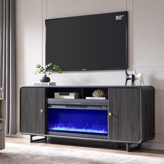 IFGET 70" Fluted Fireplace TV Stand for 80 Inch TV, Modern Entertainment Center w/36'' Electric Fireplace, Wood Media Console w/Curved Profile Design and Adjustable Shelves for Living Room, Dark Grey