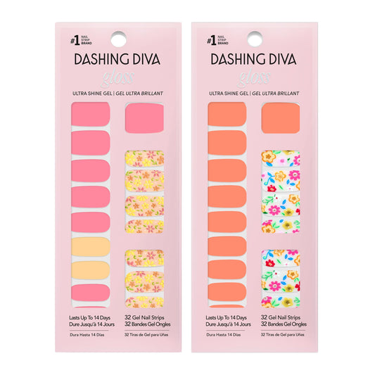 Dashing Diva Gloss Nail Strips Bundle - The Festival Nails Collection - Busy Bee & Notting Hill Village - UV Free, Chip Resistant, Long Lasting Gel Stickers - Contains 2 Sets